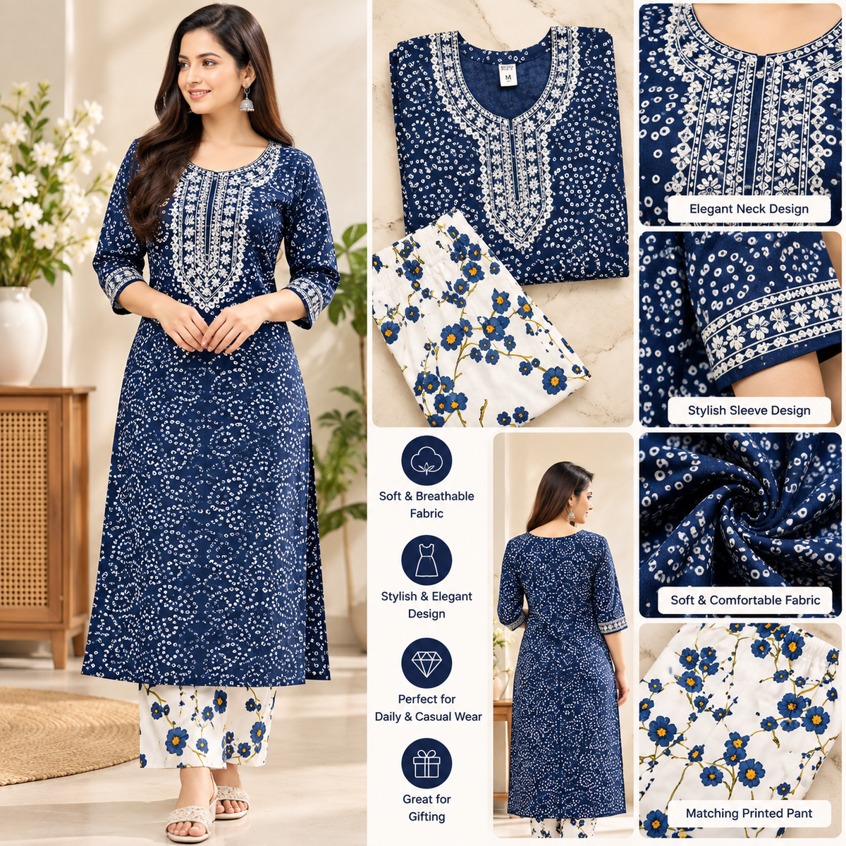 Navy Blue Jaipuri kurti pant set
