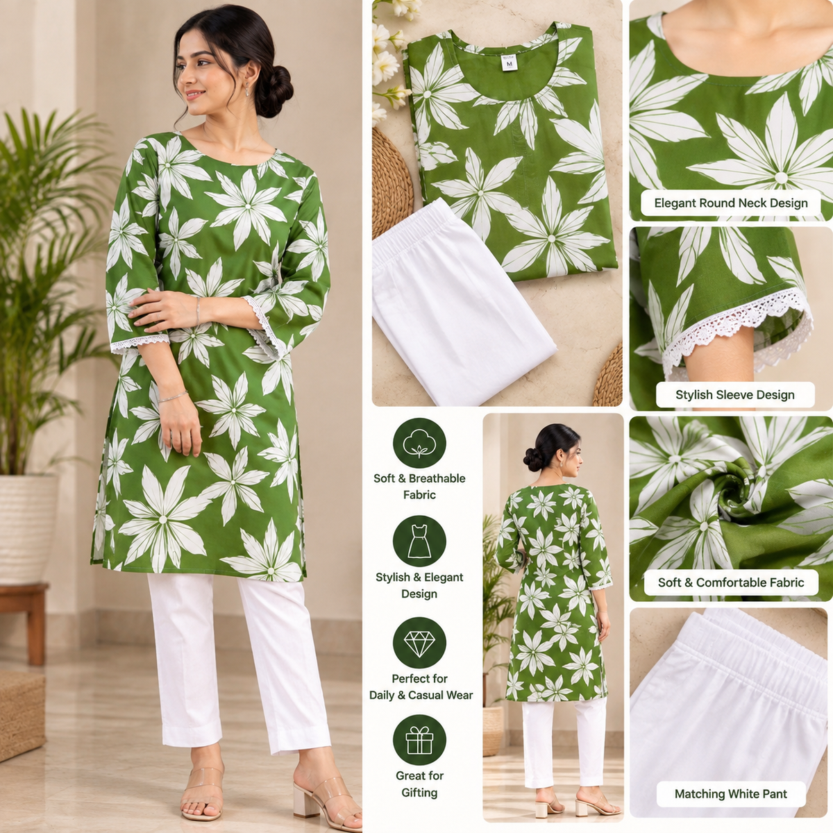 Women fashion latest trendy square neck  green short kurti