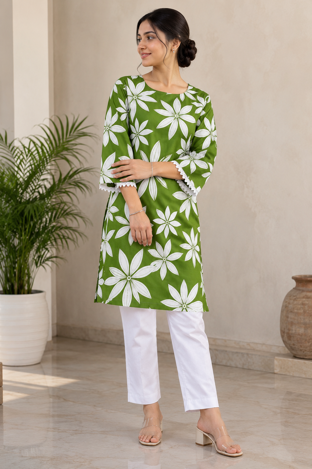 Women fashion latest trendy square neck  green short kurti
