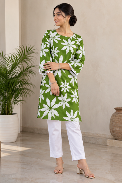 Women fashion latest trendy square neck  green short kurti