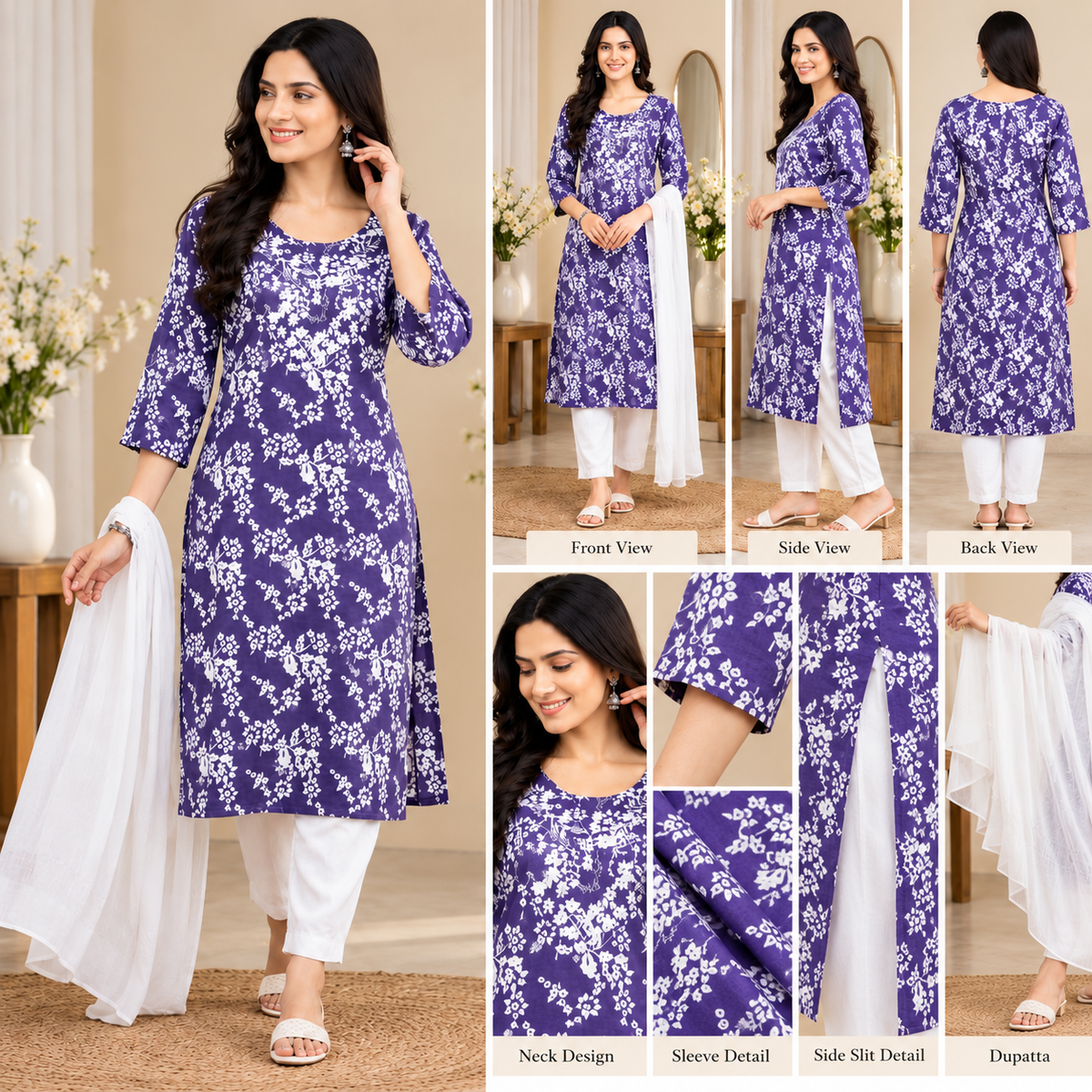 Women Cotton Rayon Kurta Pant Dupatta Set