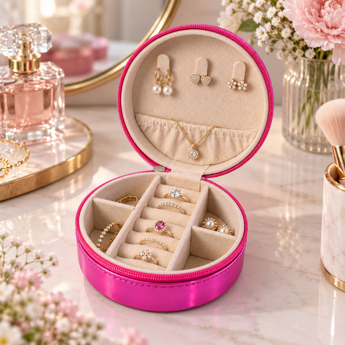 Round Jewellery Organizer Box With Ring Rolls And Zip Closure For Travel (1 Pc)