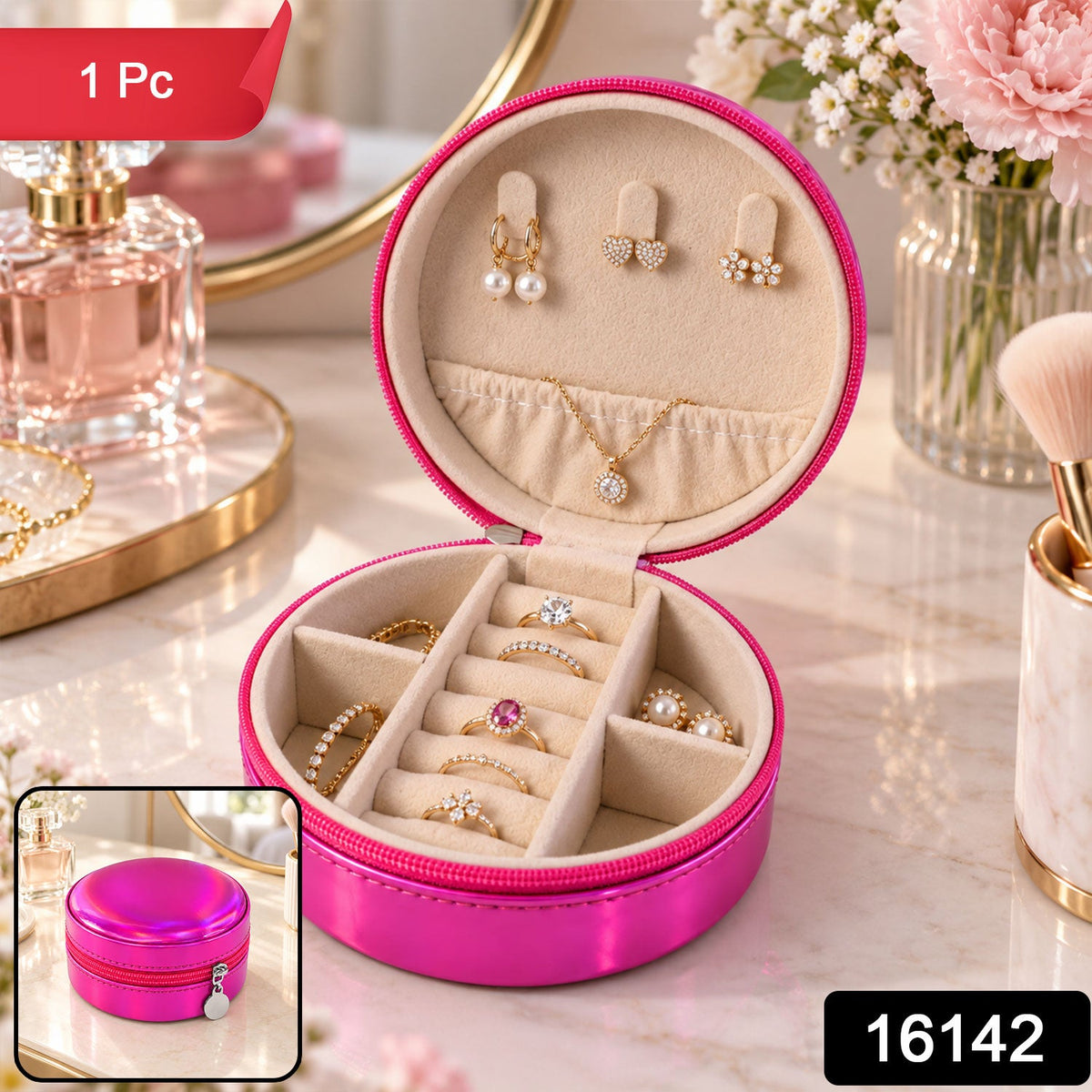 Round Jewellery Organizer Box With Ring Rolls And Zip Closure For Travel (1 Pc)