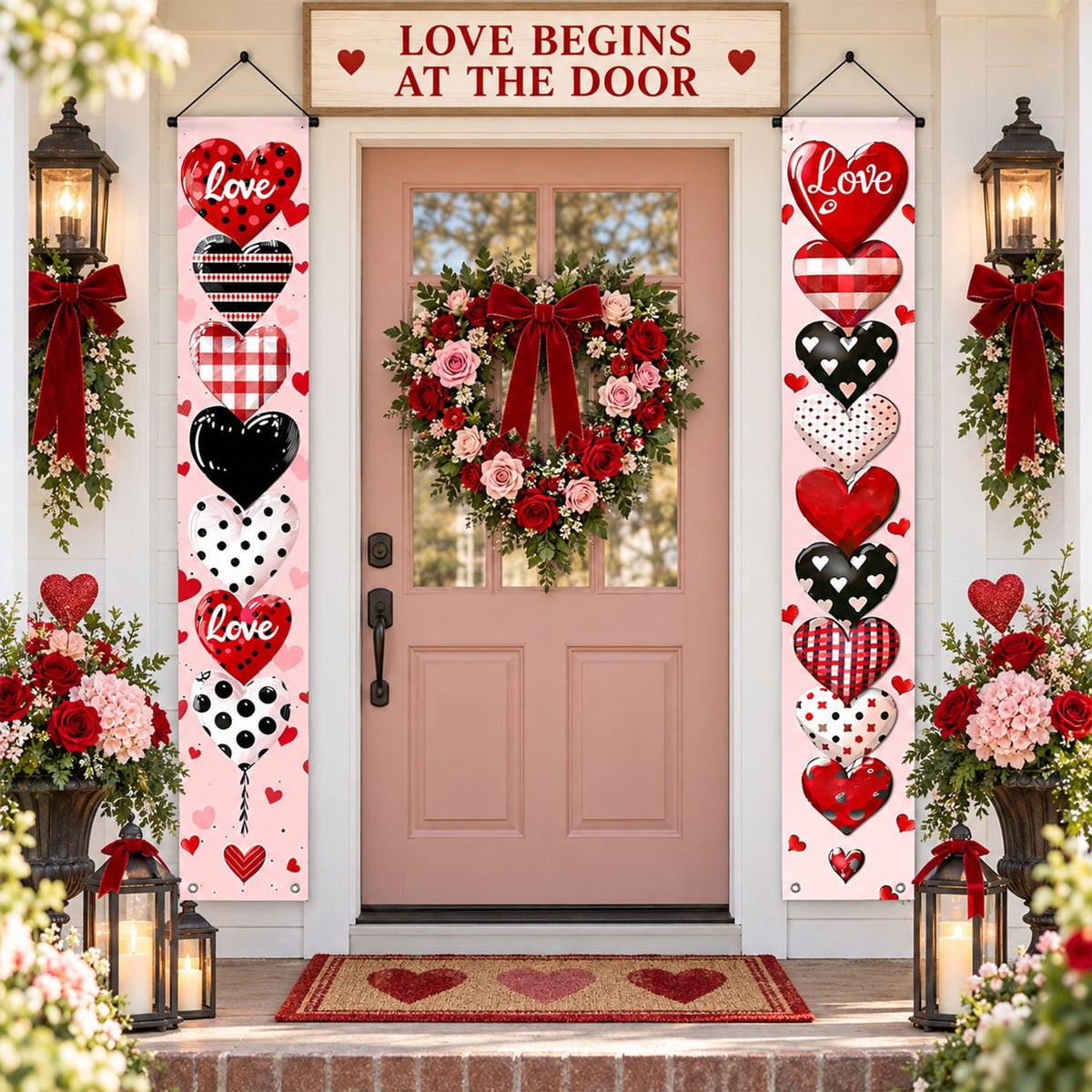 Love Heart Printed Door Hanging Backdrop Curtains Decoration (2 Pc 180x30 Cm)